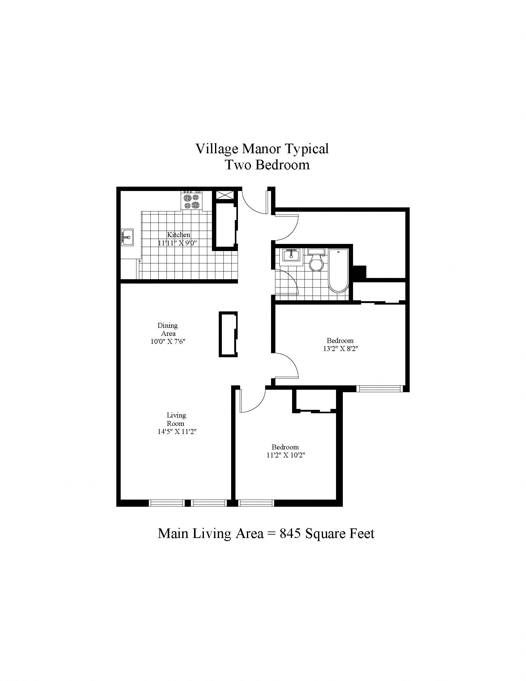 Floor plan for 2 beds, 1 bath, 845 sqft